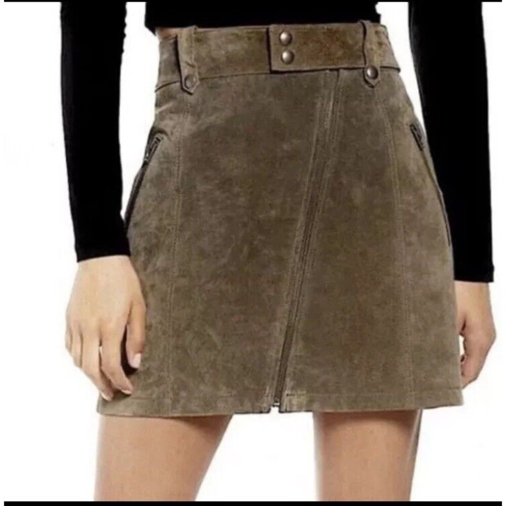 Blank NYC olive suede leather high waisted mini skirt asymmetric zip NWOT Sz 27